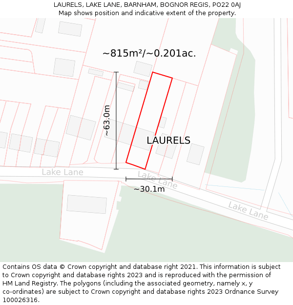 LAURELS, LAKE LANE, BARNHAM, BOGNOR REGIS, PO22 0AJ: Plot and title map