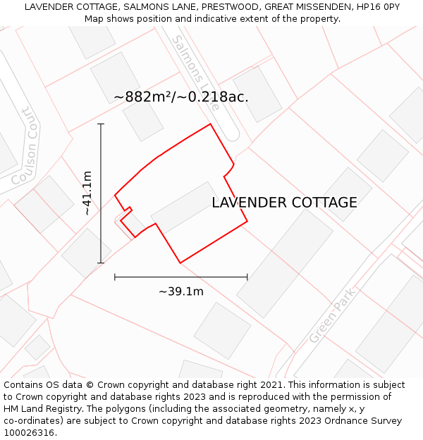 LAVENDER COTTAGE, SALMONS LANE, PRESTWOOD, GREAT MISSENDEN, HP16 0PY: Plot and title map