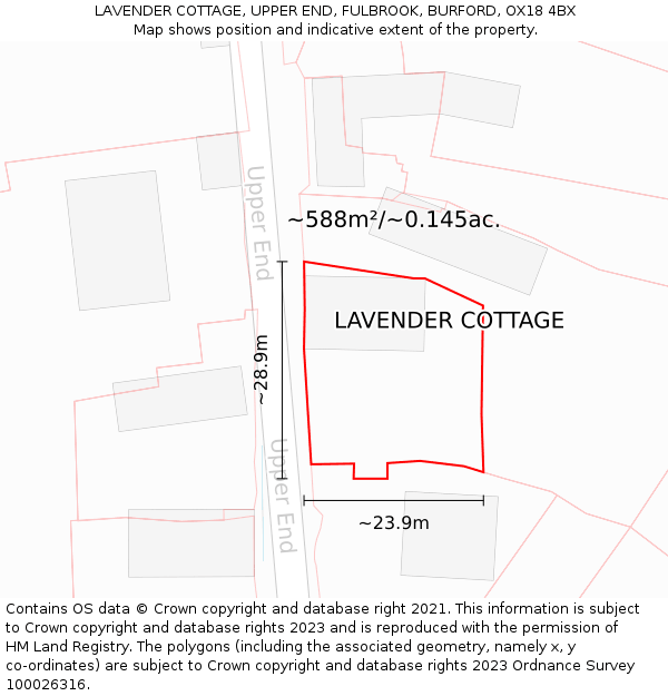 LAVENDER COTTAGE, UPPER END, FULBROOK, BURFORD, OX18 4BX: Plot and title map