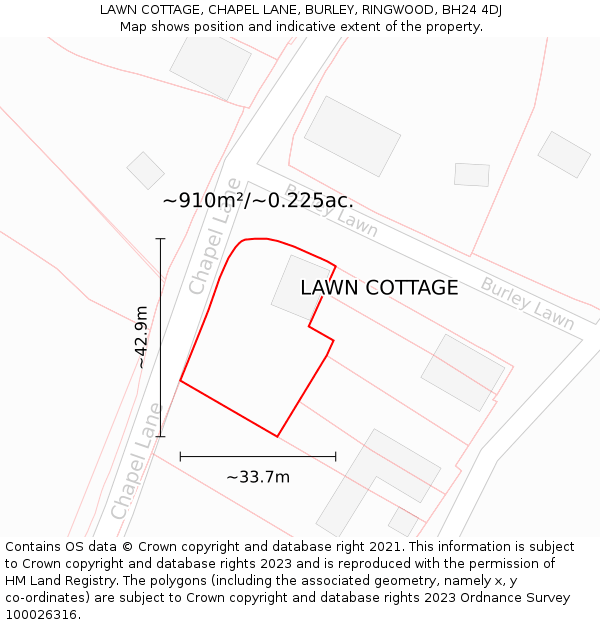 LAWN COTTAGE, CHAPEL LANE, BURLEY, RINGWOOD, BH24 4DJ: Plot and title map