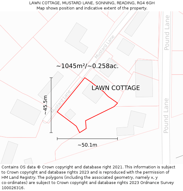 LAWN COTTAGE, MUSTARD LANE, SONNING, READING, RG4 6GH: Plot and title map