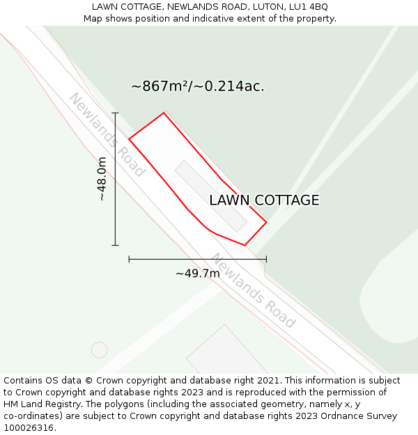 LAWN COTTAGE, NEWLANDS ROAD, LUTON, LU1 4BQ: Plot and title map