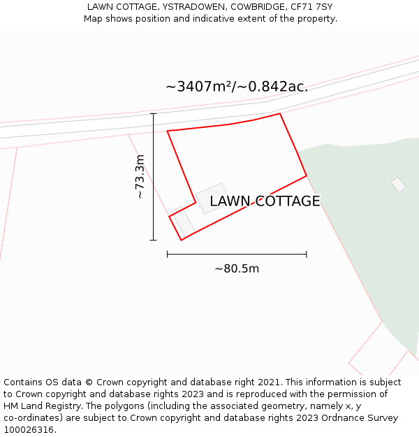 LAWN COTTAGE, YSTRADOWEN, COWBRIDGE, CF71 7SY: Plot and title map