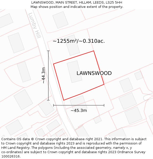 LAWNSWOOD, MAIN STREET, HILLAM, LEEDS, LS25 5HH: Plot and title map