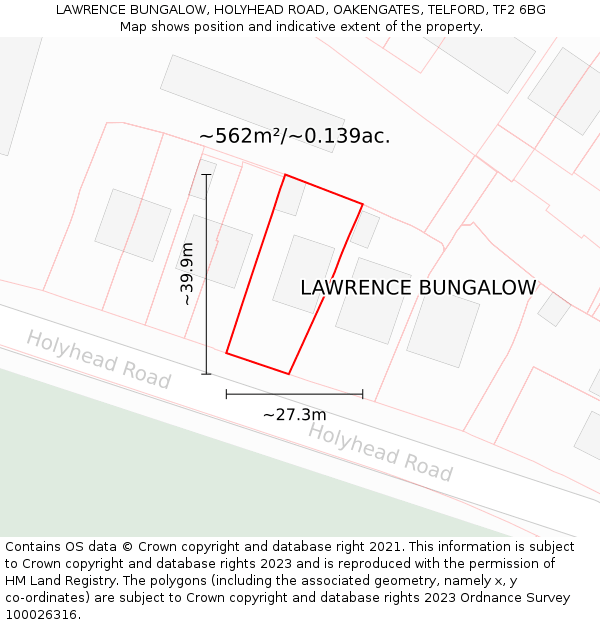 LAWRENCE BUNGALOW, HOLYHEAD ROAD, OAKENGATES, TELFORD, TF2 6BG: Plot and title map