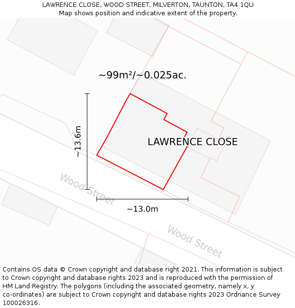 LAWRENCE CLOSE, WOOD STREET, MILVERTON, TAUNTON, TA4 1QU: Plot and title map