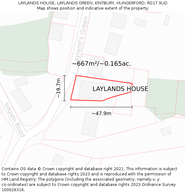 LAYLANDS HOUSE, LAYLANDS GREEN, KINTBURY, HUNGERFORD, RG17 9UD: Plot and title map