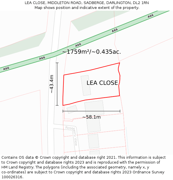 LEA CLOSE, MIDDLETON ROAD, SADBERGE, DARLINGTON, DL2 1RN: Plot and title map