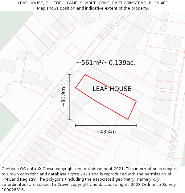 LEAF HOUSE, BLUEBELL LANE, SHARPTHORNE, EAST GRINSTEAD, RH19 4PF: Plot and title map