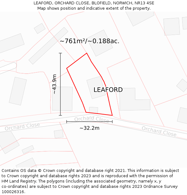 LEAFORD, ORCHARD CLOSE, BLOFIELD, NORWICH, NR13 4SE: Plot and title map