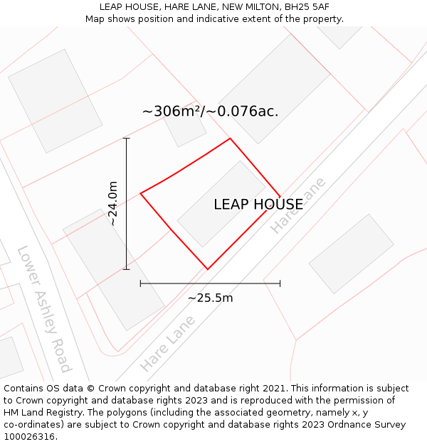 LEAP HOUSE, HARE LANE, NEW MILTON, BH25 5AF: Plot and title map