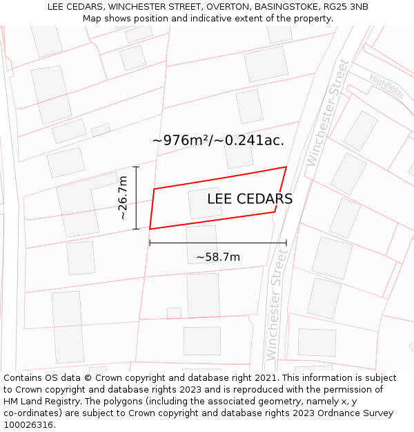 LEE CEDARS, WINCHESTER STREET, OVERTON, BASINGSTOKE, RG25 3NB: Plot and title map