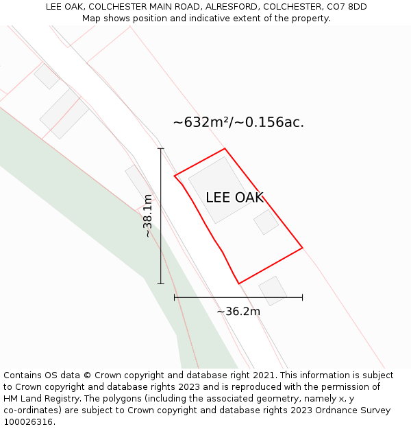 LEE OAK, COLCHESTER MAIN ROAD, ALRESFORD, COLCHESTER, CO7 8DD: Plot and title map