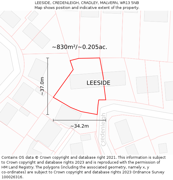 LEESIDE, CREDENLEIGH, CRADLEY, MALVERN, WR13 5NB: Plot and title map