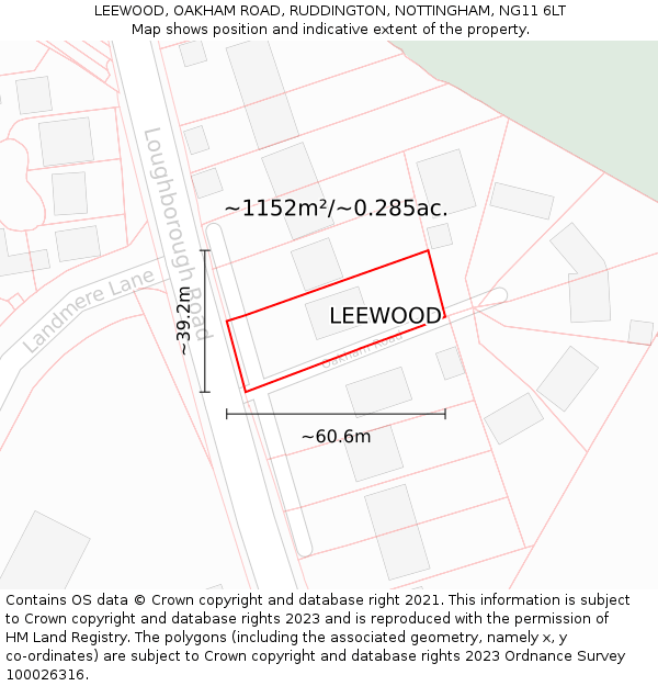 LEEWOOD, OAKHAM ROAD, RUDDINGTON, NOTTINGHAM, NG11 6LT: Plot and title map