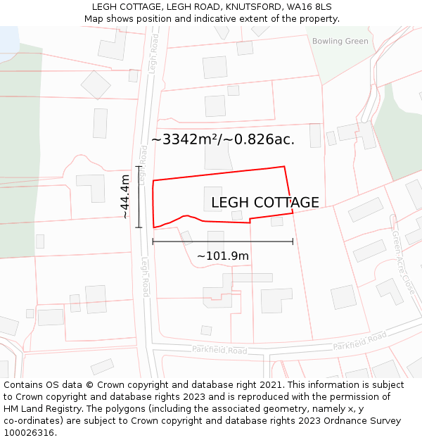 LEGH COTTAGE, LEGH ROAD, KNUTSFORD, WA16 8LS: Plot and title map