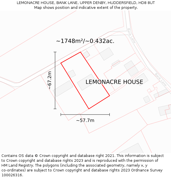 LEMONACRE HOUSE, BANK LANE, UPPER DENBY, HUDDERSFIELD, HD8 8UT: Plot and title map