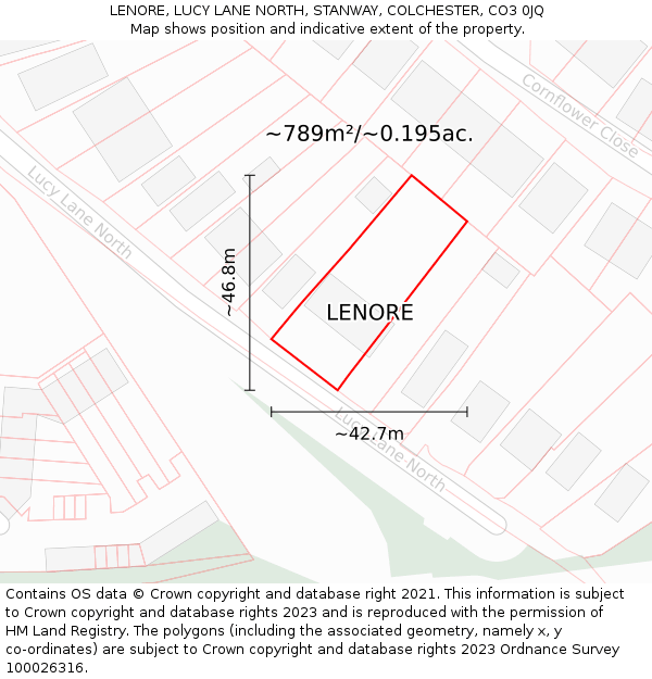 LENORE, LUCY LANE NORTH, STANWAY, COLCHESTER, CO3 0JQ: Plot and title map