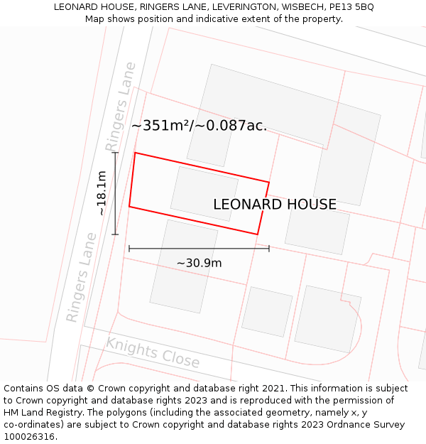 LEONARD HOUSE, RINGERS LANE, LEVERINGTON, WISBECH, PE13 5BQ: Plot and title map