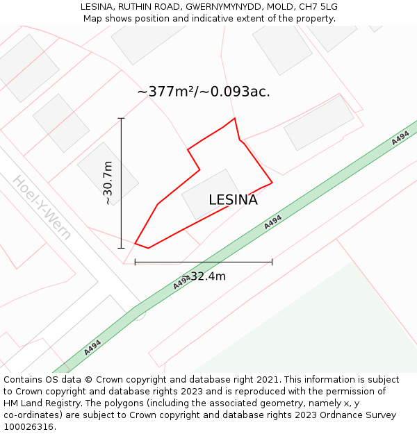 LESINA, RUTHIN ROAD, GWERNYMYNYDD, MOLD, CH7 5LG: Plot and title map