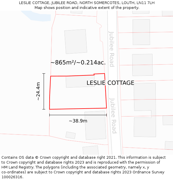 LESLIE COTTAGE, JUBILEE ROAD, NORTH SOMERCOTES, LOUTH, LN11 7LH: Plot and title map