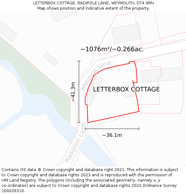 LETTERBOX COTTAGE, RADIPOLE LANE, WEYMOUTH, DT4 9RN: Plot and title map