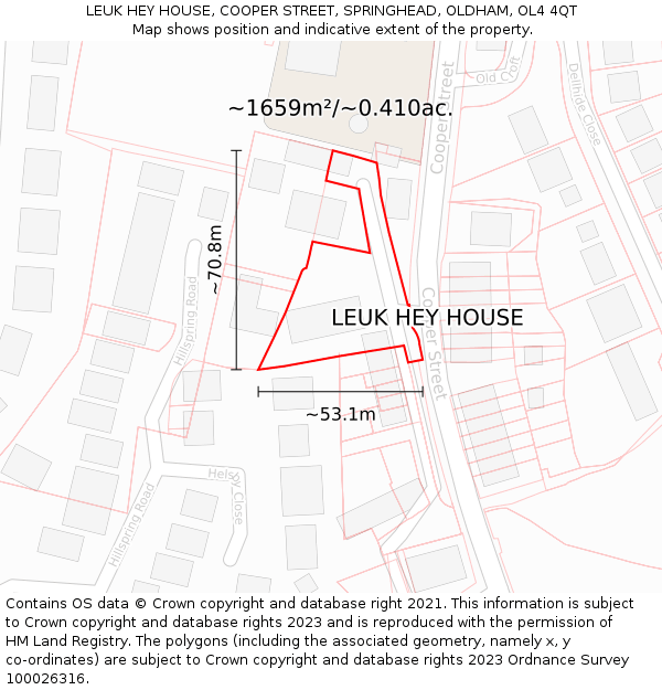 LEUK HEY HOUSE, COOPER STREET, SPRINGHEAD, OLDHAM, OL4 4QT: Plot and title map