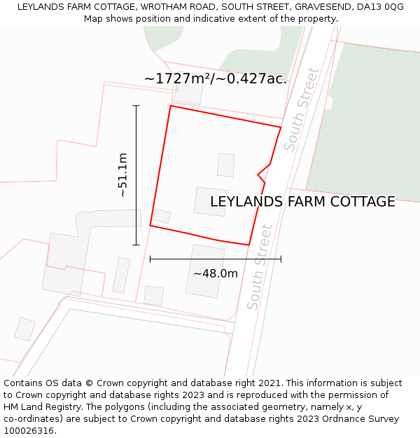 LEYLANDS FARM COTTAGE, WROTHAM ROAD, SOUTH STREET, GRAVESEND, DA13 0QG: Plot and title map