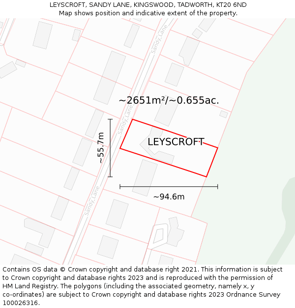 LEYSCROFT, SANDY LANE, KINGSWOOD, TADWORTH, KT20 6ND: Plot and title map