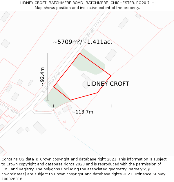 LIDNEY CROFT, BATCHMERE ROAD, BATCHMERE, CHICHESTER, PO20 7LH: Plot and title map