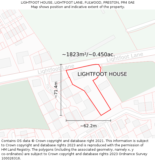 LIGHTFOOT HOUSE, LIGHTFOOT LANE, FULWOOD, PRESTON, PR4 0AE: Plot and title map