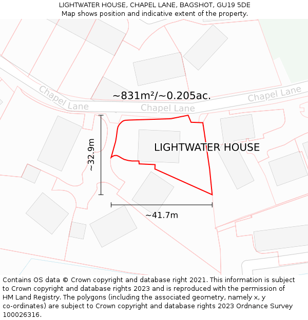 LIGHTWATER HOUSE, CHAPEL LANE, BAGSHOT, GU19 5DE: Plot and title map