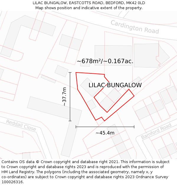 LILAC BUNGALOW, EASTCOTTS ROAD, BEDFORD, MK42 0LD: Plot and title map