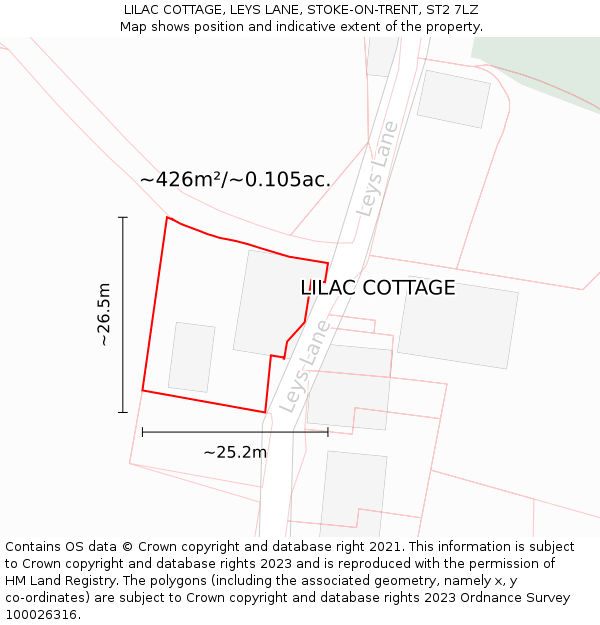 LILAC COTTAGE, LEYS LANE, STOKE-ON-TRENT, ST2 7LZ: Plot and title map