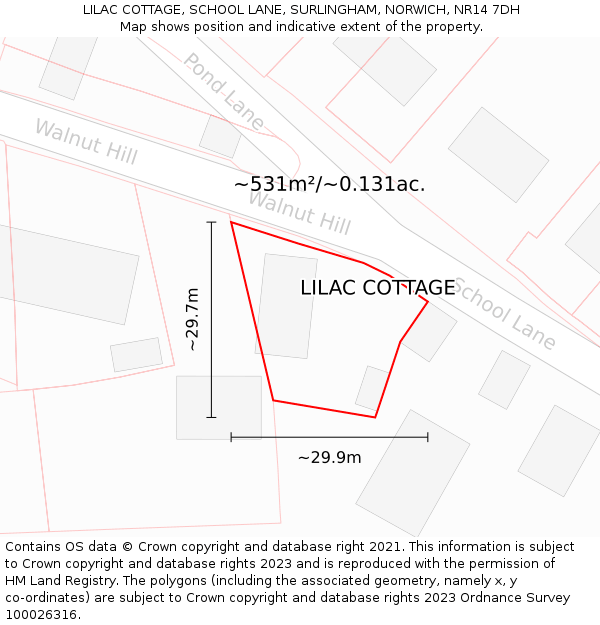 LILAC COTTAGE, SCHOOL LANE, SURLINGHAM, NORWICH, NR14 7DH: Plot and title map