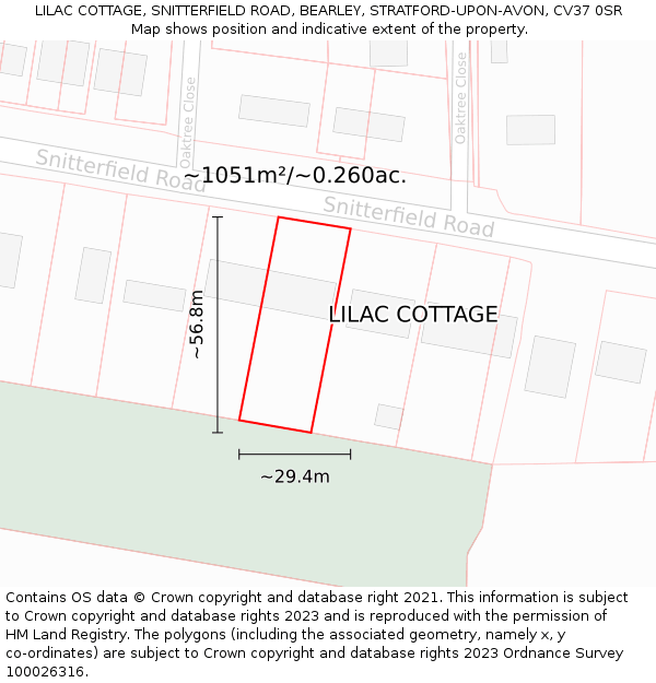 LILAC COTTAGE, SNITTERFIELD ROAD, BEARLEY, STRATFORD-UPON-AVON, CV37 0SR: Plot and title map