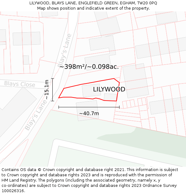 LILYWOOD, BLAYS LANE, ENGLEFIELD GREEN, EGHAM, TW20 0PQ: Plot and title map