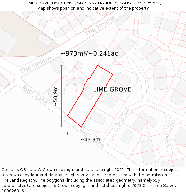 LIME GROVE, BACK LANE, SIXPENNY HANDLEY, SALISBURY, SP5 5NQ: Plot and title map