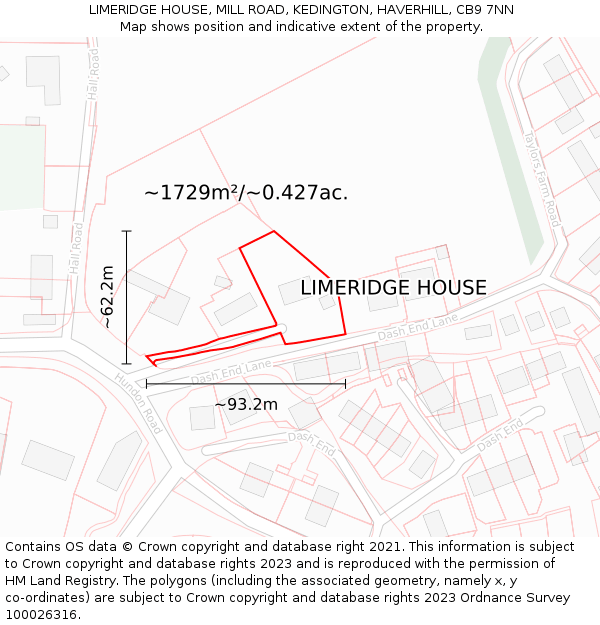 LIMERIDGE HOUSE, MILL ROAD, KEDINGTON, HAVERHILL, CB9 7NN: Plot and title map