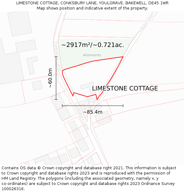 LIMESTONE COTTAGE, CONKSBURY LANE, YOULGRAVE, BAKEWELL, DE45 1WR: Plot and title map