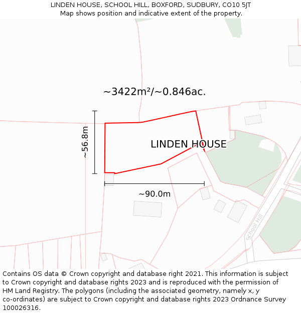 LINDEN HOUSE, SCHOOL HILL, BOXFORD, SUDBURY, CO10 5JT: Plot and title map