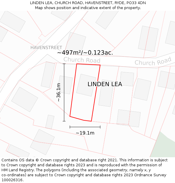 LINDEN LEA, CHURCH ROAD, HAVENSTREET, RYDE, PO33 4DN: Plot and title map