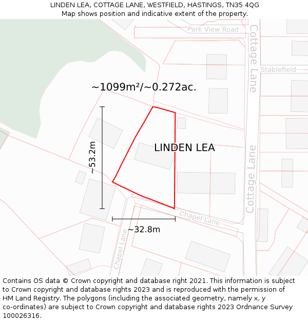 LINDEN LEA, COTTAGE LANE, WESTFIELD, HASTINGS, TN35 4QG: Plot and title map