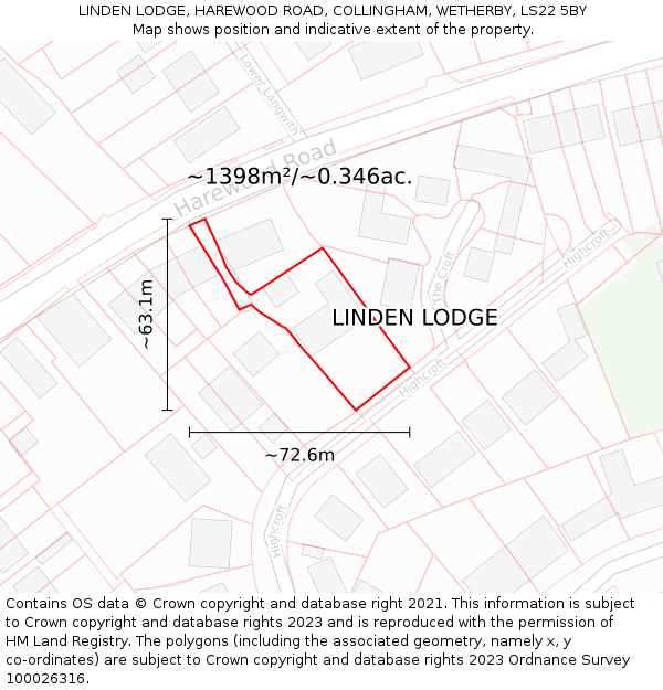 LINDEN LODGE, HAREWOOD ROAD, COLLINGHAM, WETHERBY, LS22 5BY: Plot and title map