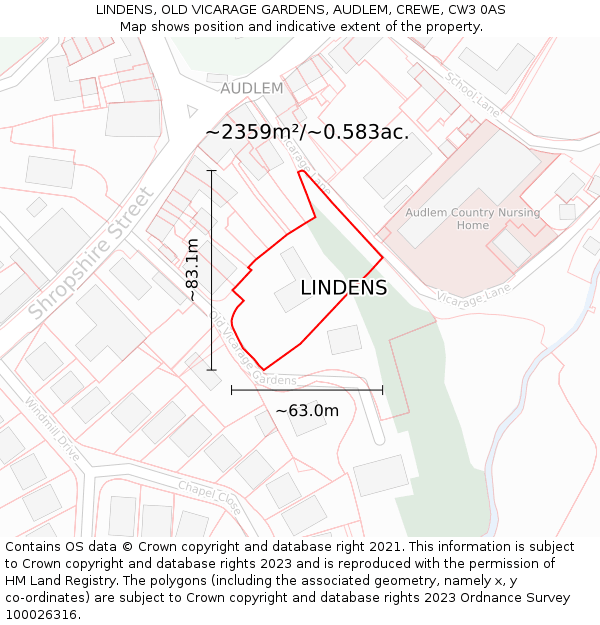 LINDENS, OLD VICARAGE GARDENS, AUDLEM, CREWE, CW3 0AS: Plot and title map