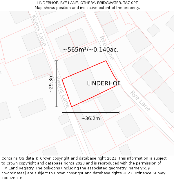 LINDERHOF, RYE LANE, OTHERY, BRIDGWATER, TA7 0PT: Plot and title map