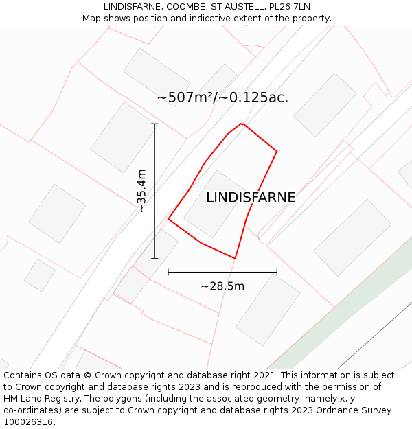 LINDISFARNE, COOMBE, ST AUSTELL, PL26 7LN: Plot and title map