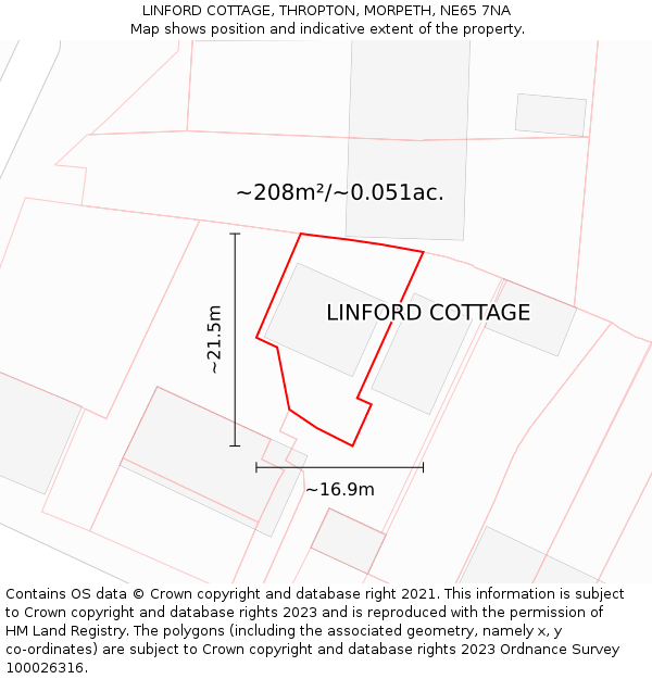 LINFORD COTTAGE, THROPTON, MORPETH, NE65 7NA: Plot and title map