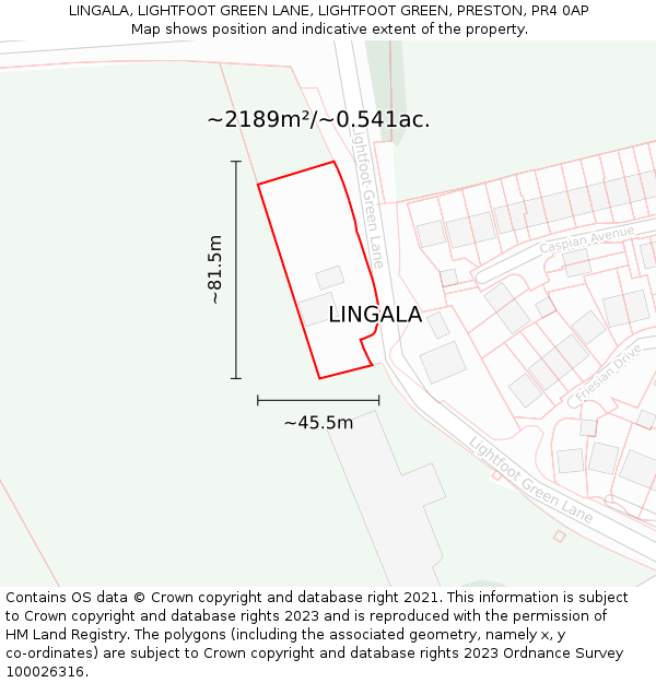 LINGALA, LIGHTFOOT GREEN LANE, LIGHTFOOT GREEN, PRESTON, PR4 0AP: Plot and title map