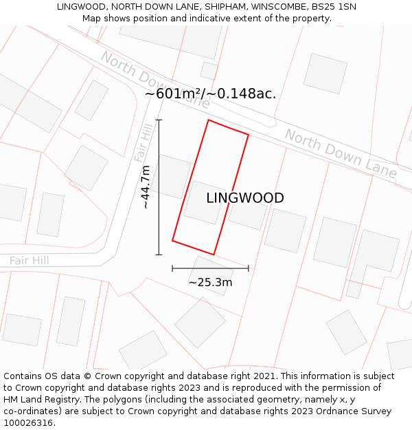 LINGWOOD, NORTH DOWN LANE, SHIPHAM, WINSCOMBE, BS25 1SN: Plot and title map
